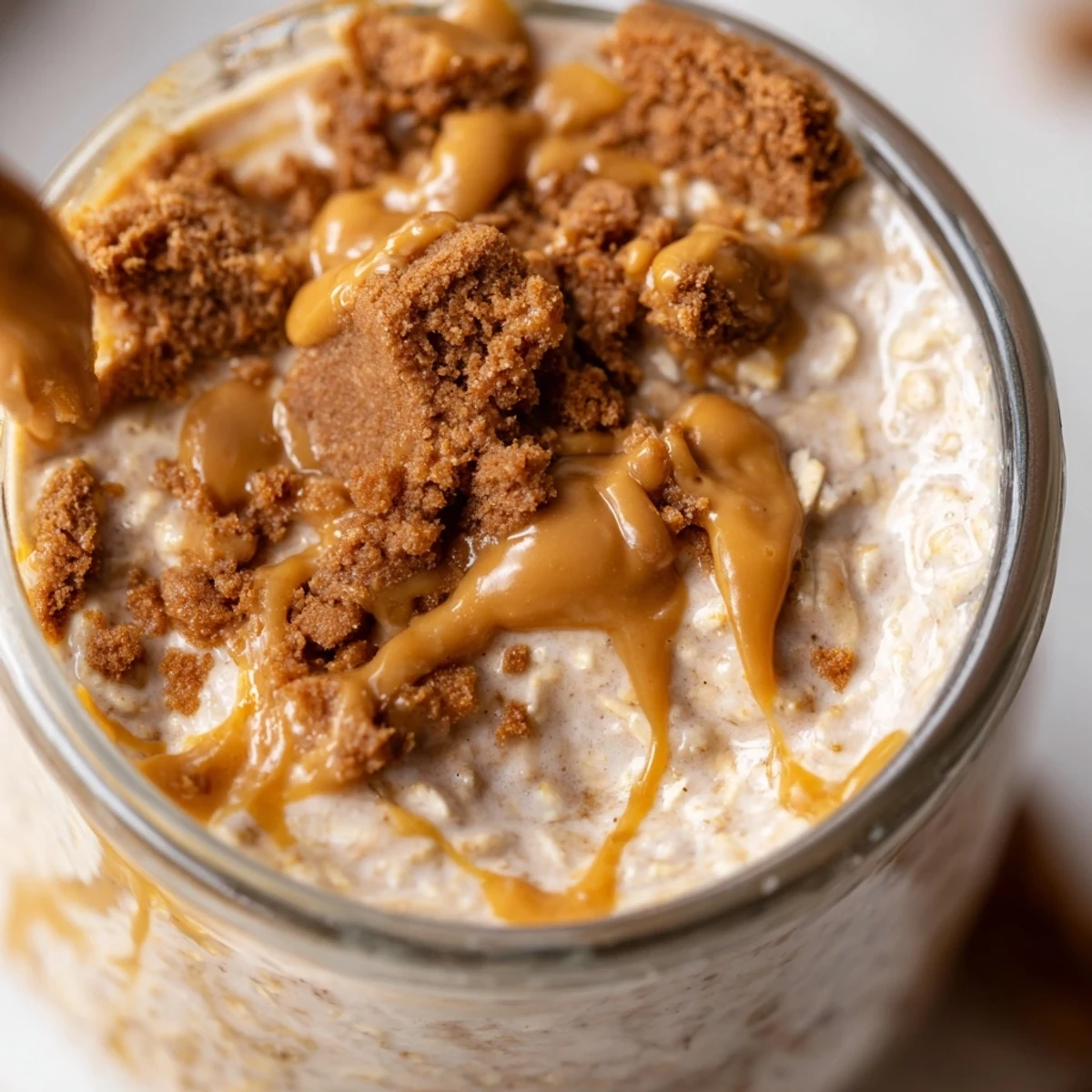 Biscoff overnight oats layered with cookie crumbles and smooth speculoos swirl ready to eat