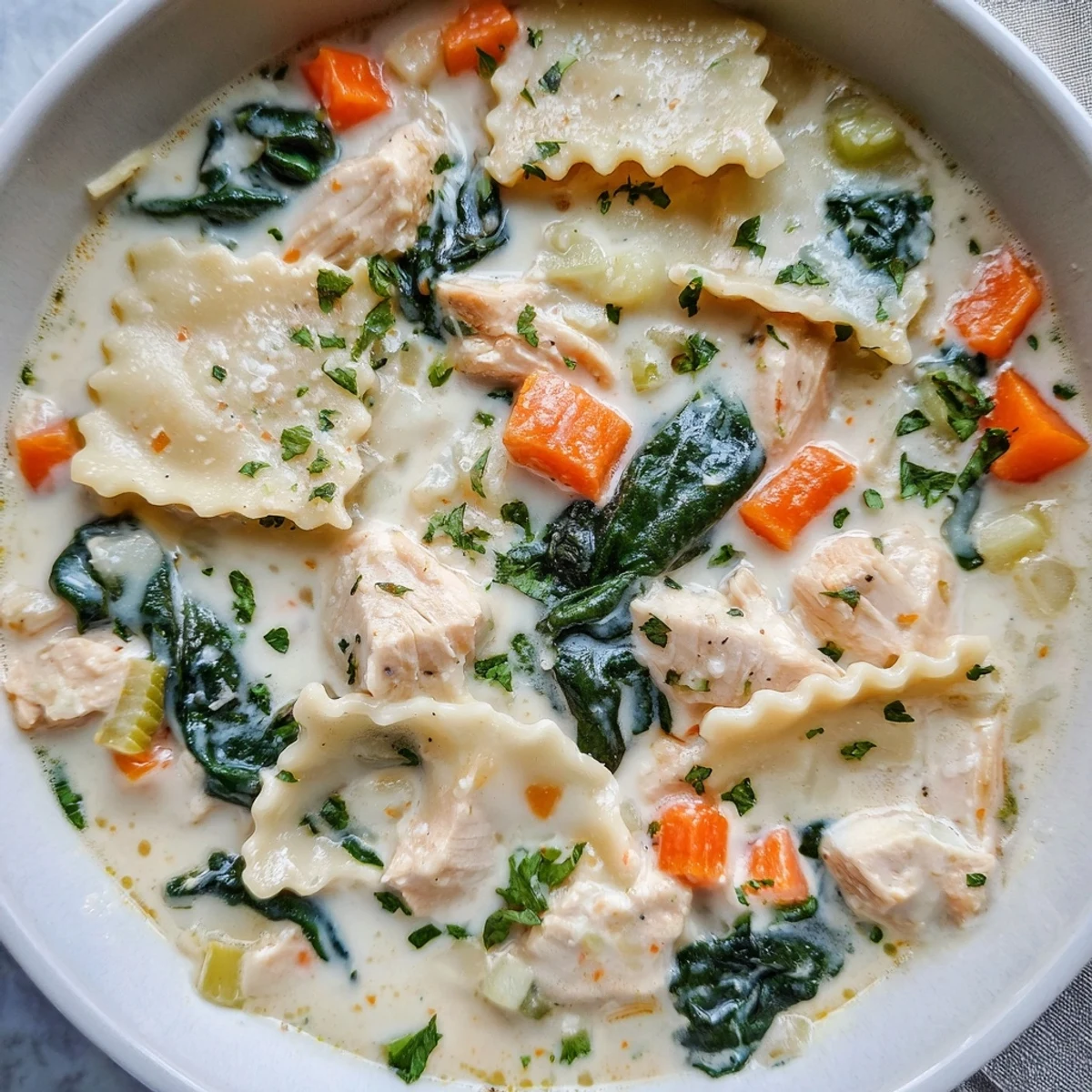 Creamy Italian white lasagna soup in a white bowl garnished with fresh parsley and Parmesan cheese