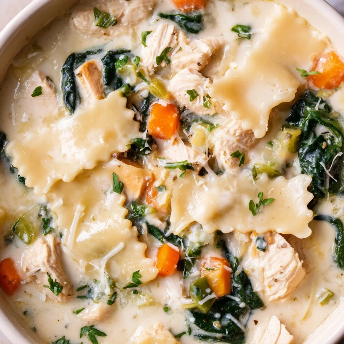 Steaming bowl of Italian white lasagna soup with tender chicken spinach and broken noodle pieces