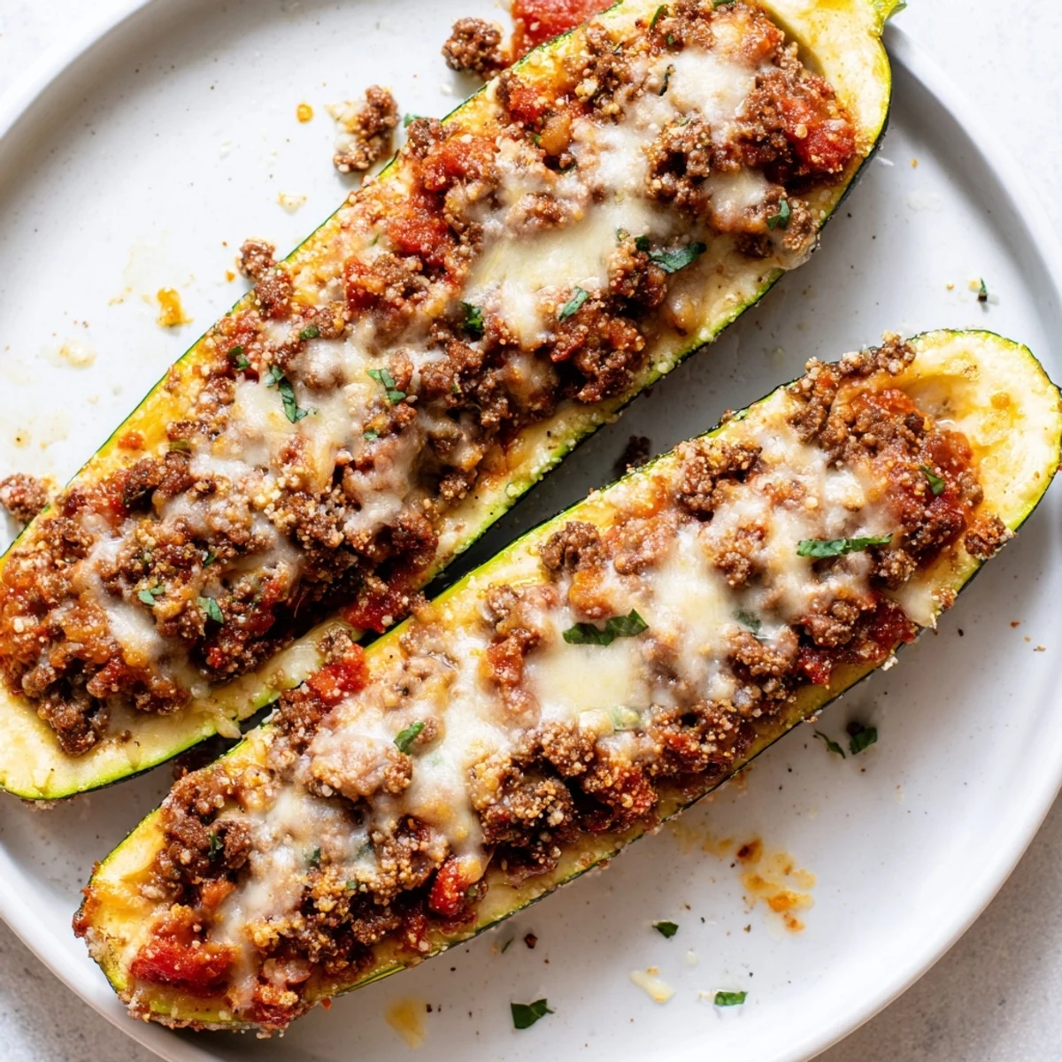 Golden cheesy stuffed zucchini boats with ground beef fresh from the oven on a rustic plate