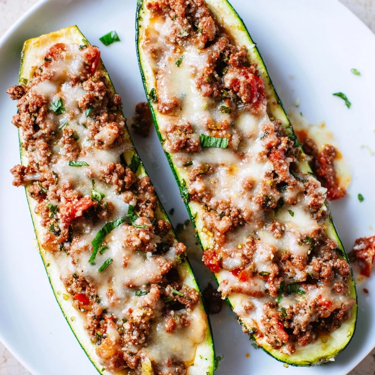 Stuffed zucchini boats with ground beef topped with bubbly melted mozzarella and fresh parsley garnish