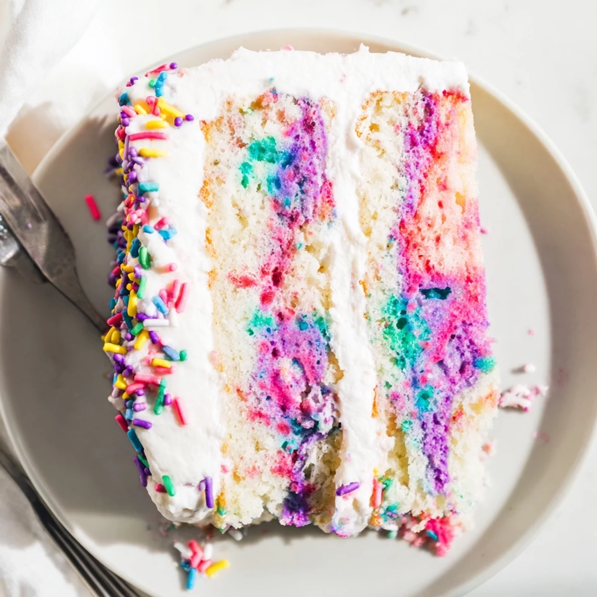 Colorful unicorn poke cake with rainbow pudding layers and whipped topping