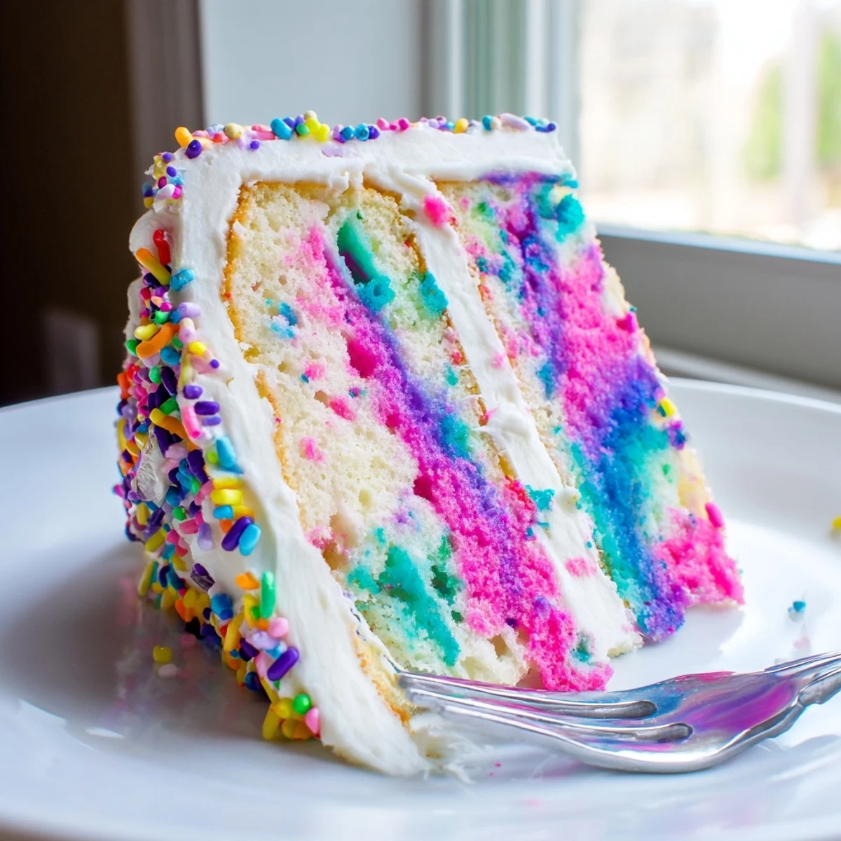 Sliced unicorn poke cake showing vibrant pink and purple pudding swirls