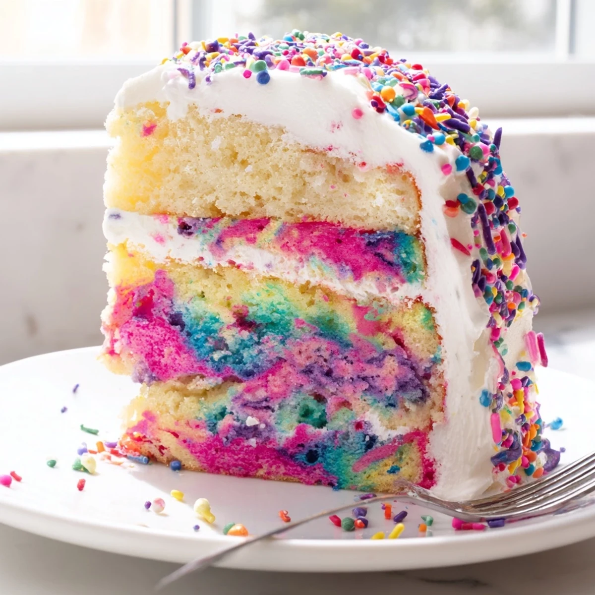 Festive unicorn poke cake topped with sprinkles on a party table