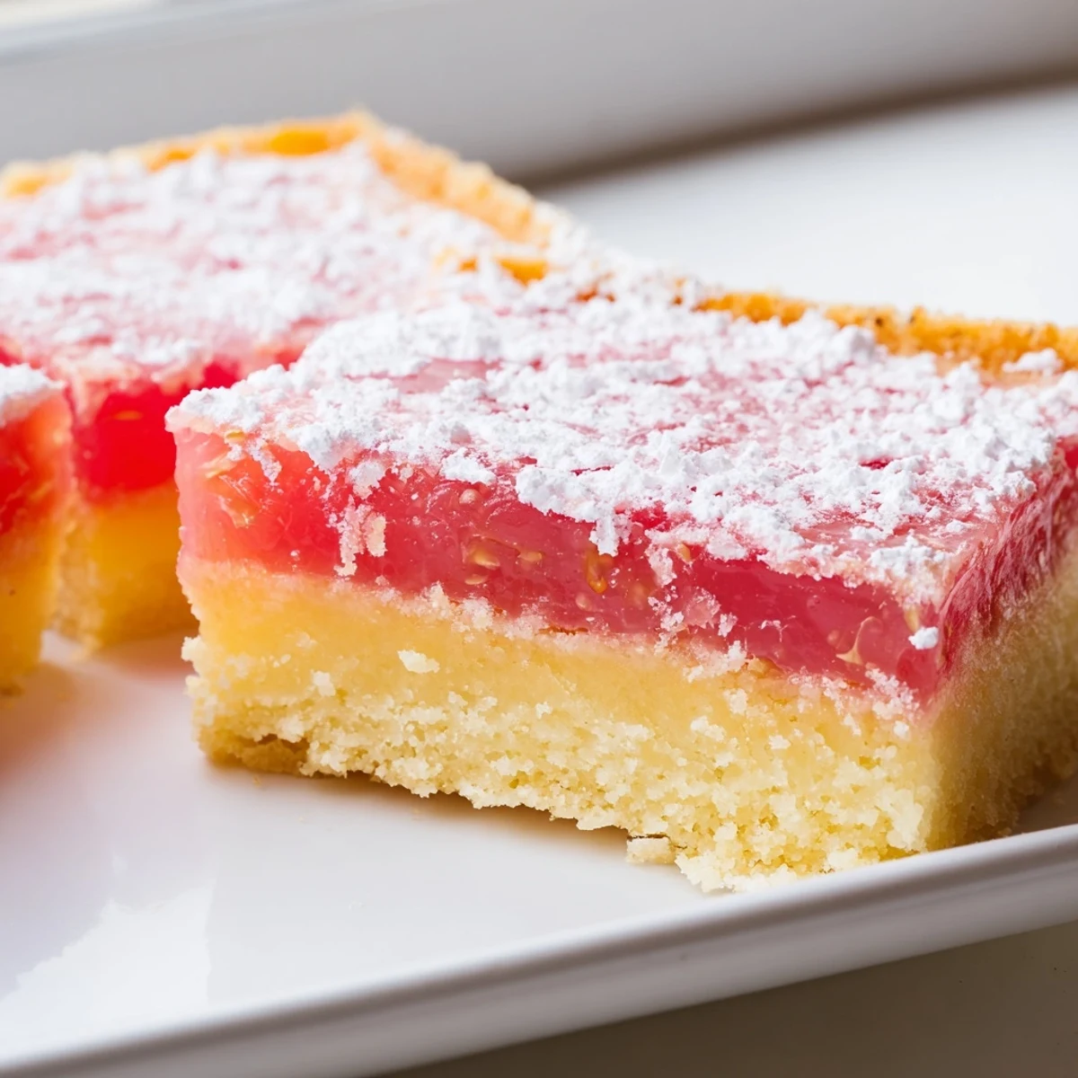 Tangy grapefruit bars sliced into squares on a rustic cutting board