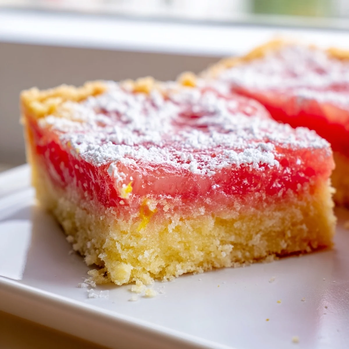 Golden grapefruit bars with pink custard topping dusted in powdered sugar