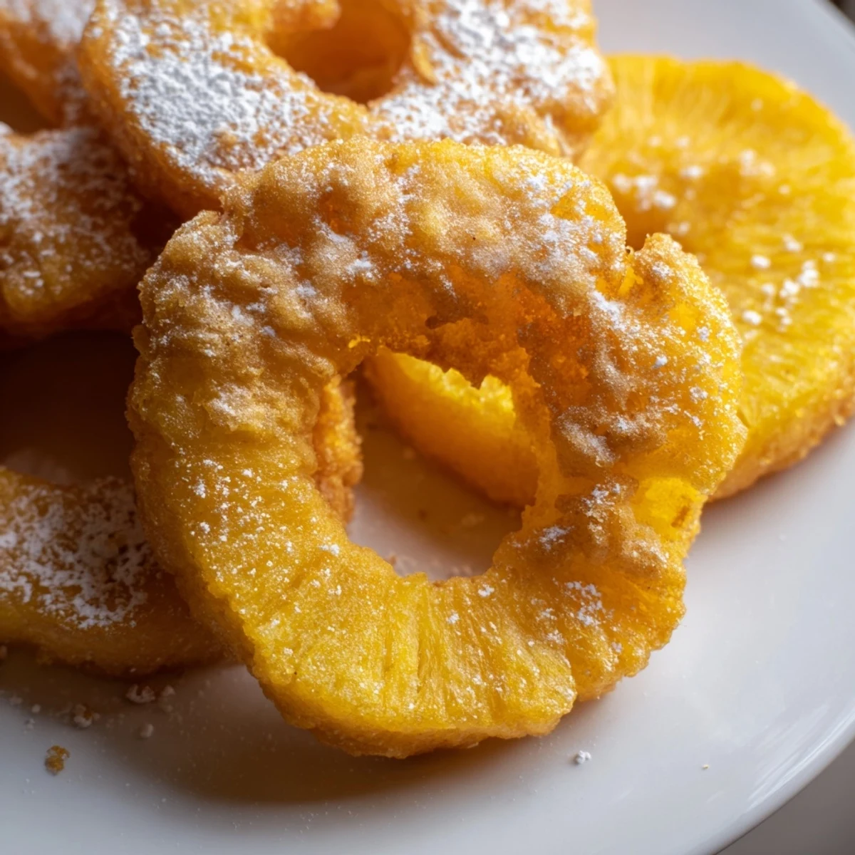 Crispy golden fried pineapple rings dusted with powdered sugar on a rustic plate