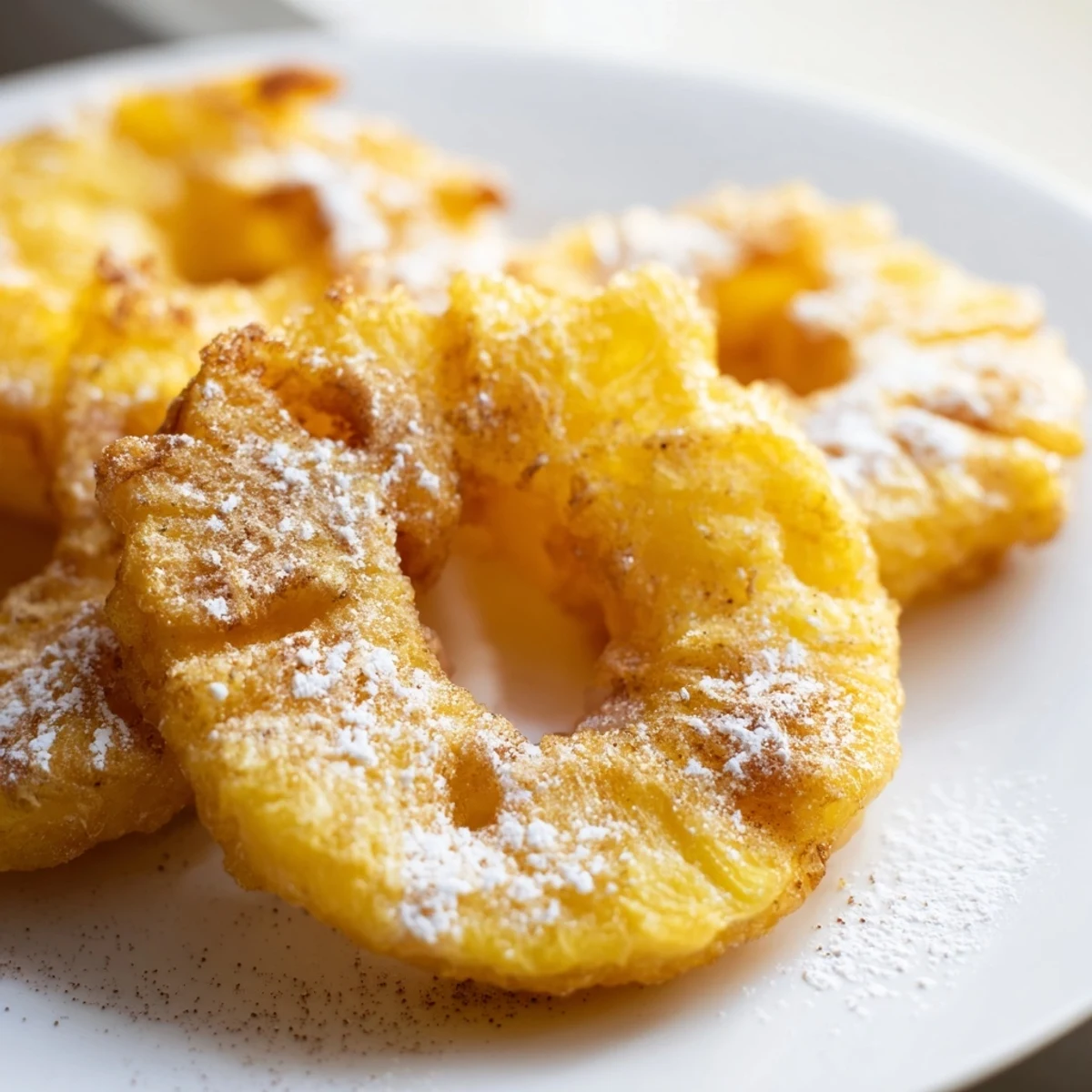 Batter-dipped fried pineapple rings drizzled with caramel sauce beside vanilla ice cream