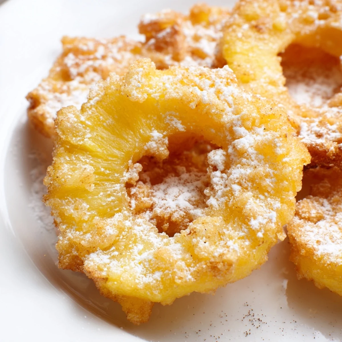 Hot, caramelized fried pineapple rings served fresh from the skillet with cinnamon sprinkle