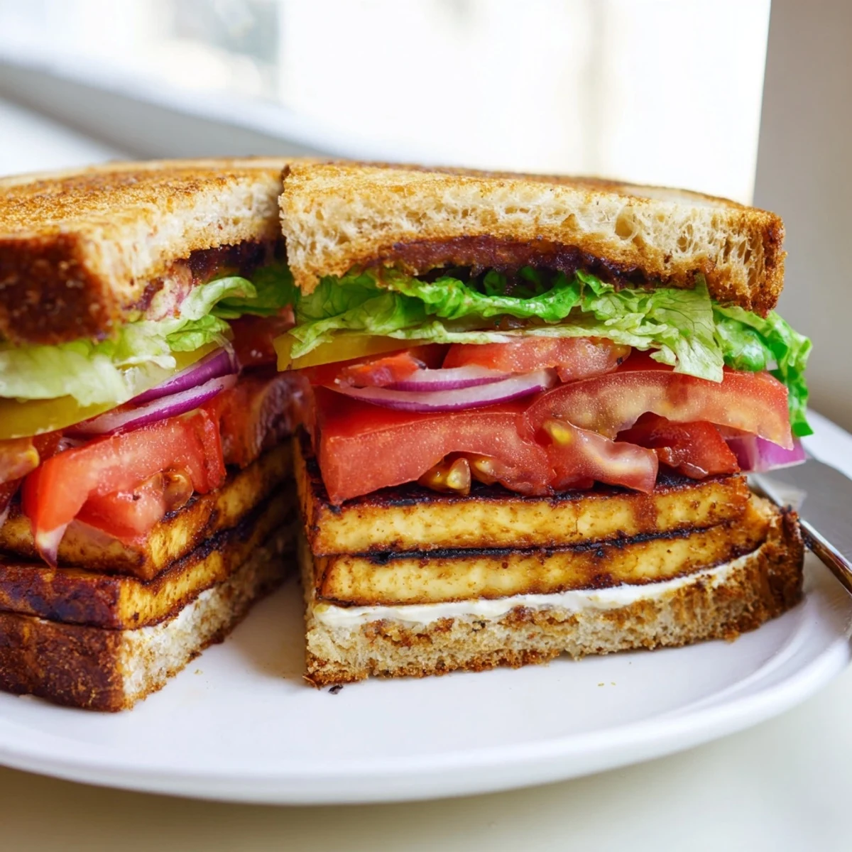 Smoky Tofu Lettuce Tomato TLT Sandwich served on toasted sourdough with juicy red tomatoes