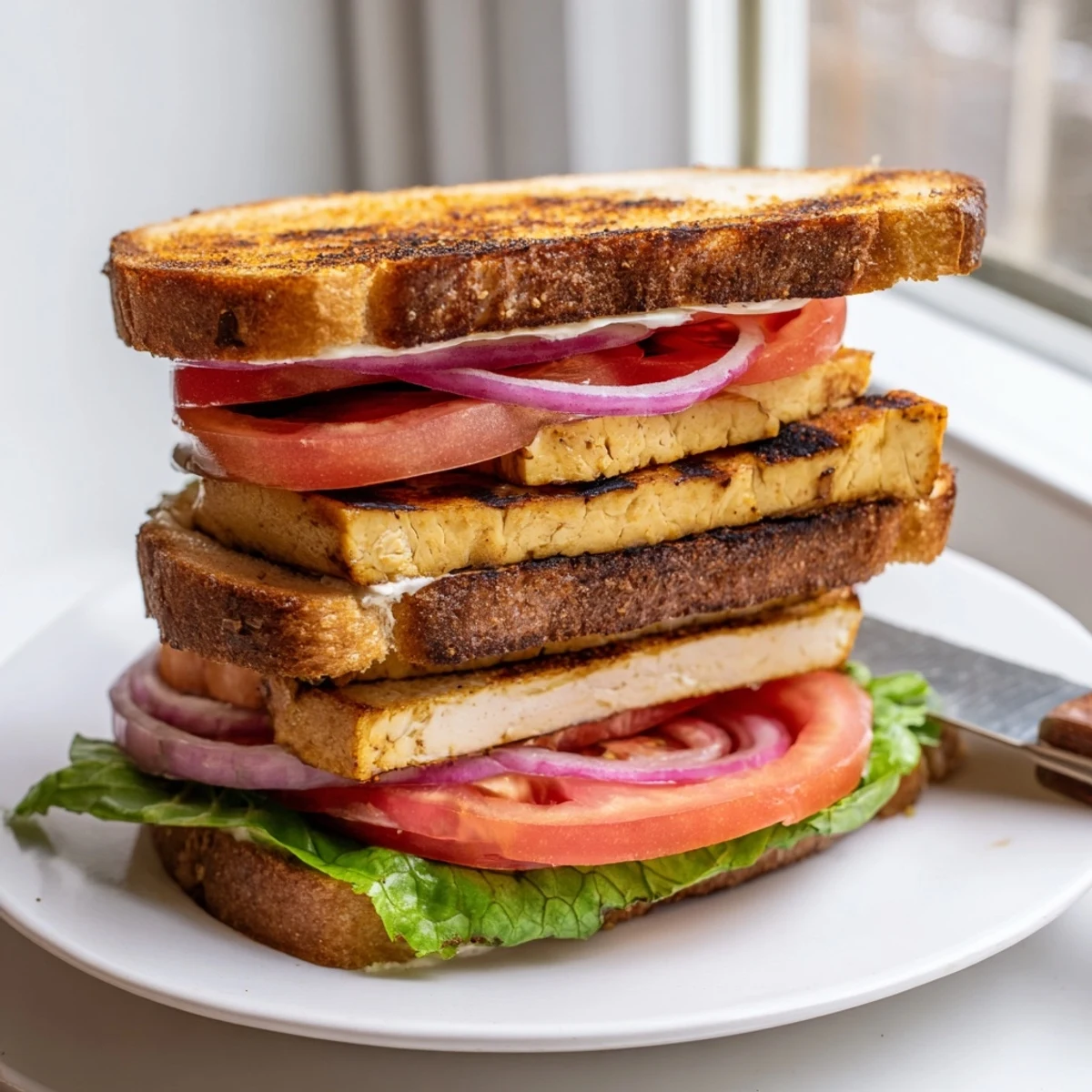 Golden smoky tofu slices layered with crisp lettuce and ripe tomatoes in a summer sandwich