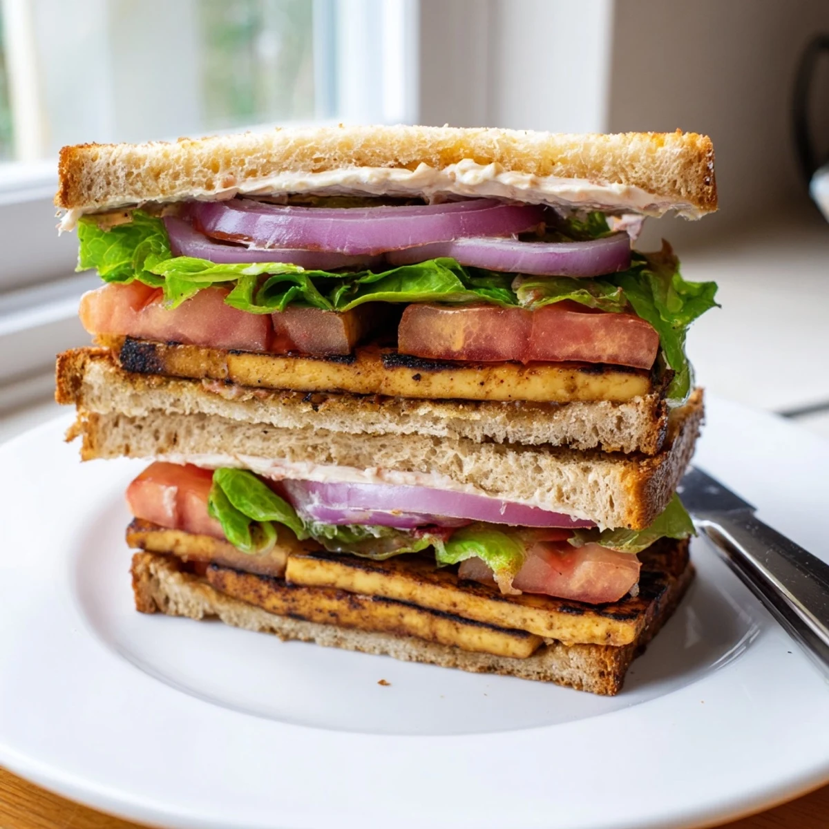 Smoky Tofu Lettuce Tomato TLT Sandwich cut in half revealing crisp lettuce and tender marinated tofu