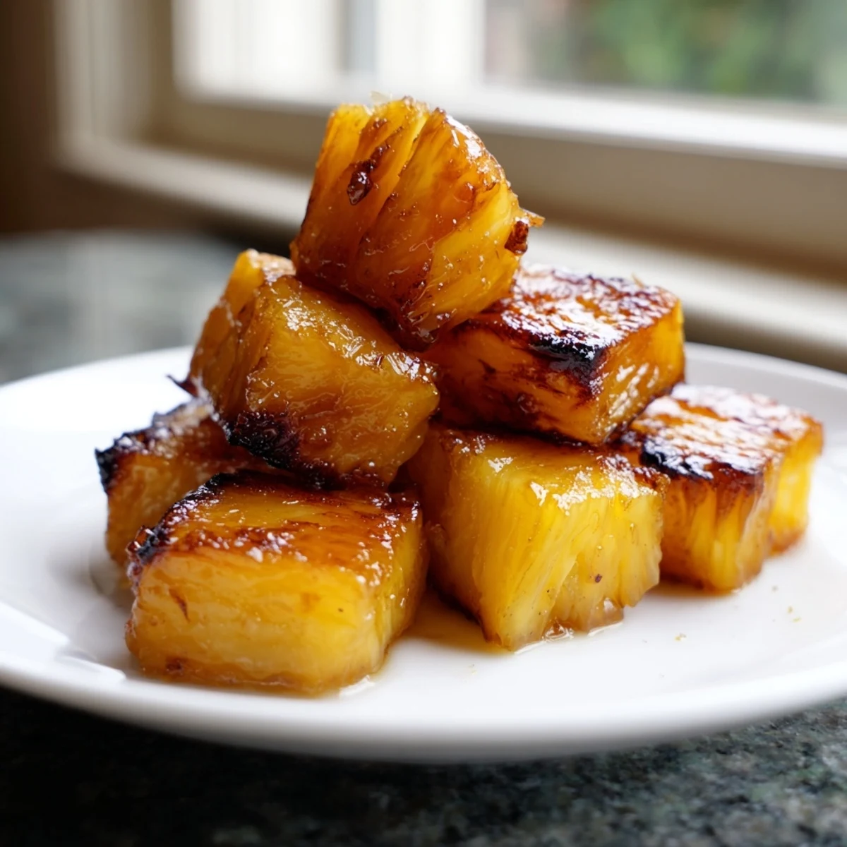 Golden caramelized air fryer pineapple chunks with crisp edges and warm cinnamon glaze