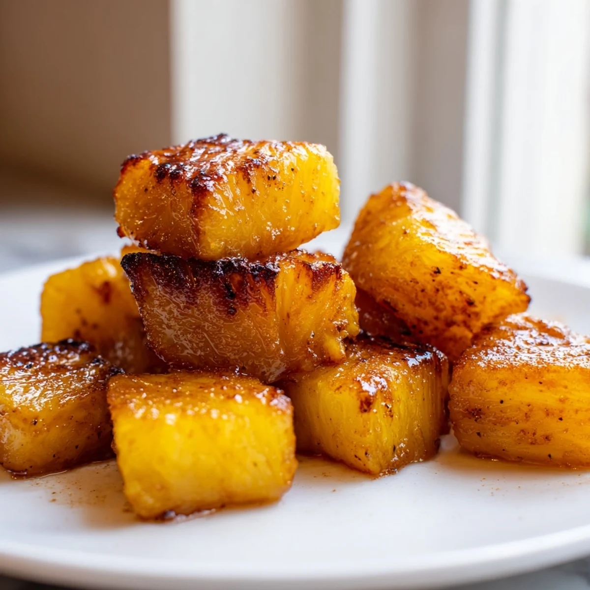 Air fryer pineapple chunks glistening with brown sugar and served warm in a bowl