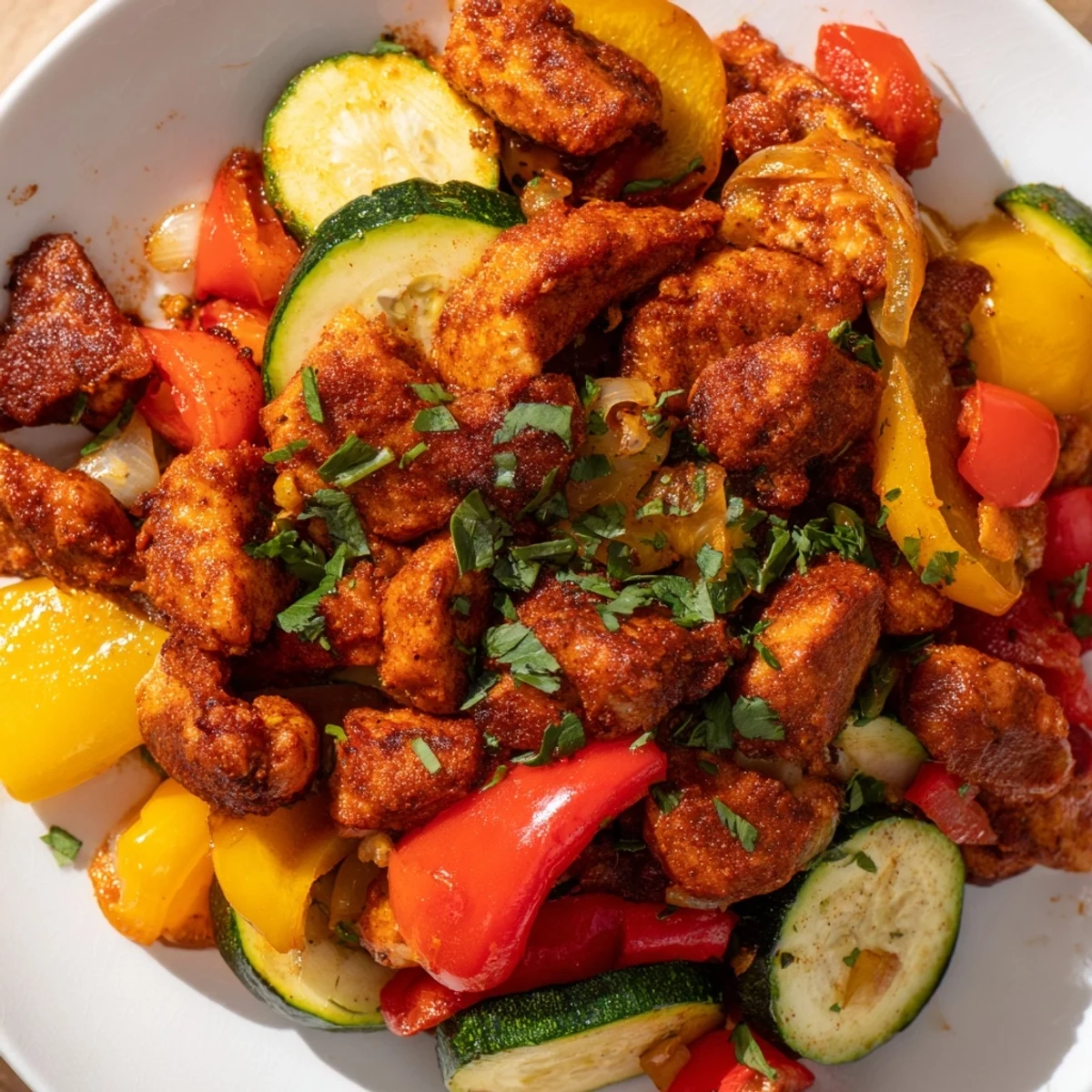 Golden brown chicken and colorful bell peppers in a quick flavorful one pan dish