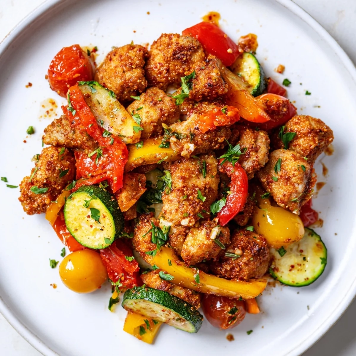 Sizzling skillet of quick flavorful one pan dish garnished with fresh parsley and lemon