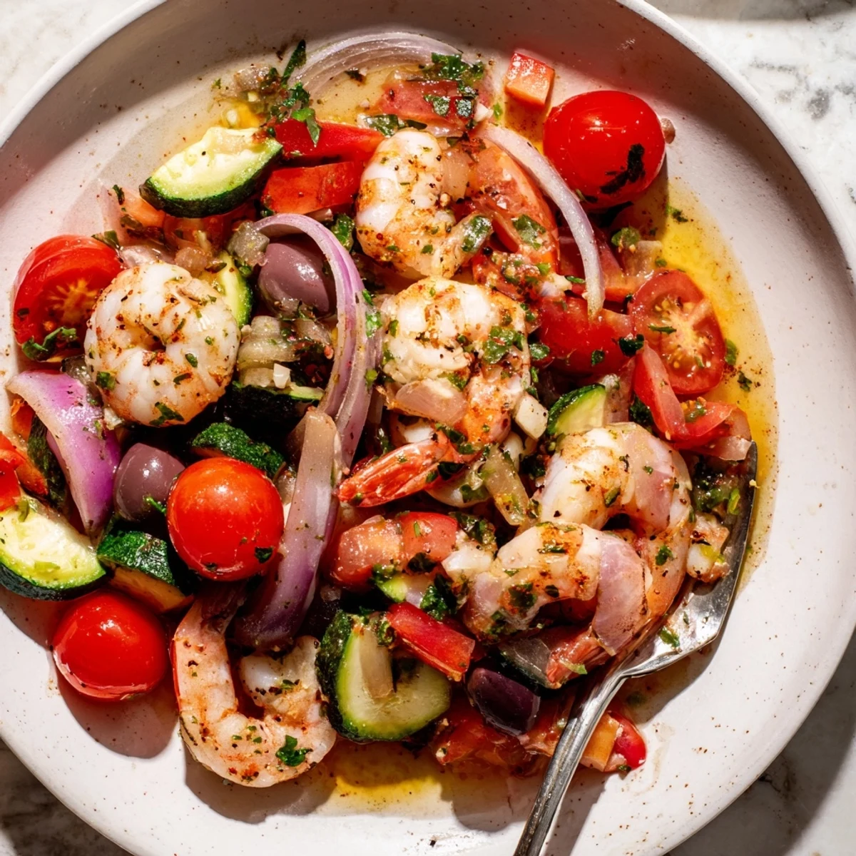 Steaming Mediterranean shrimp skillet over roasted vegetables with a bright lemon drizzle