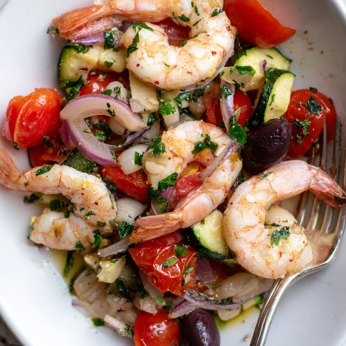 Golden pan-seared Mediterranean shrimp skillet with cherry tomatoes, olives, and fresh parsley