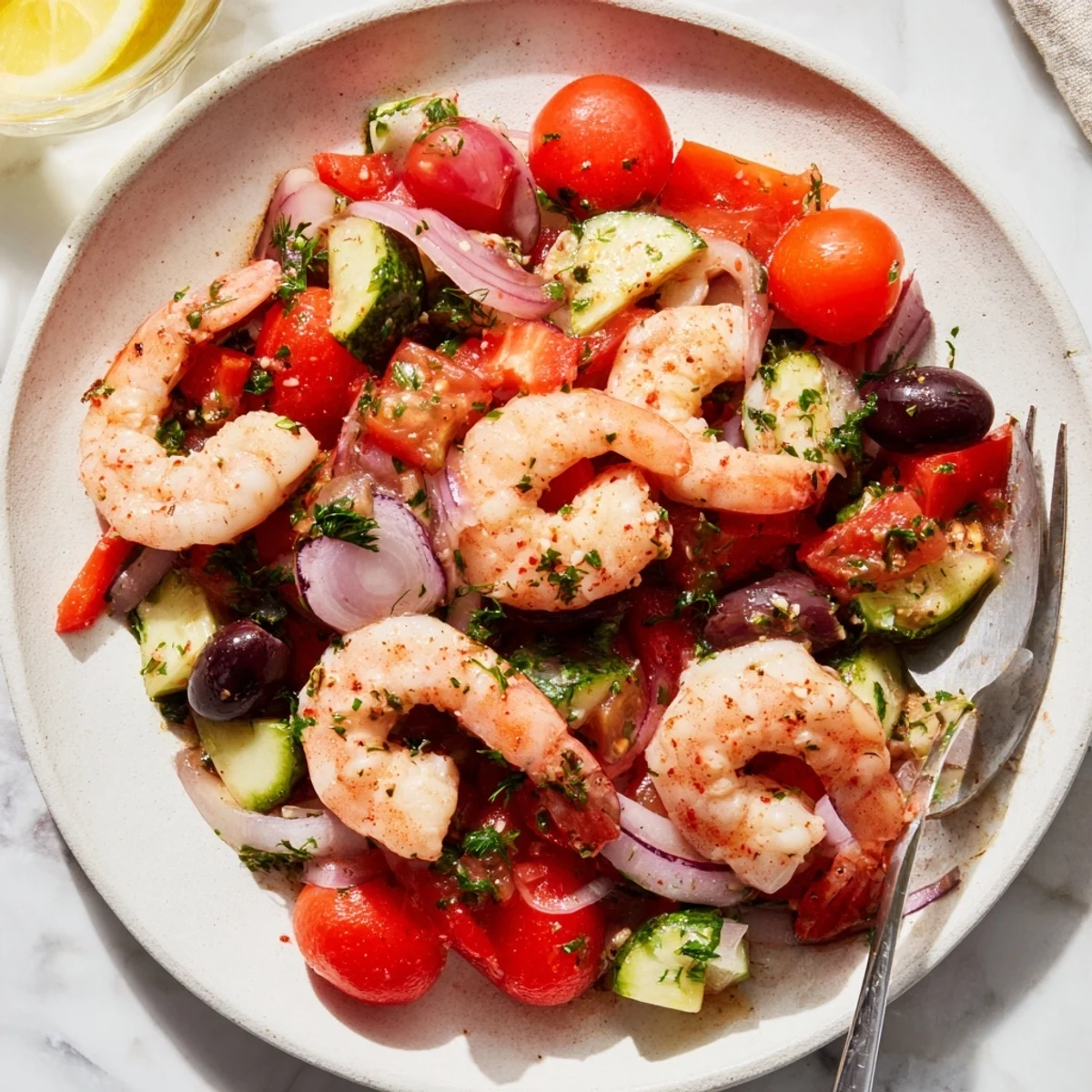 One-pan Mediterranean shrimp skillet plated with herbs and crispy bread for dipping