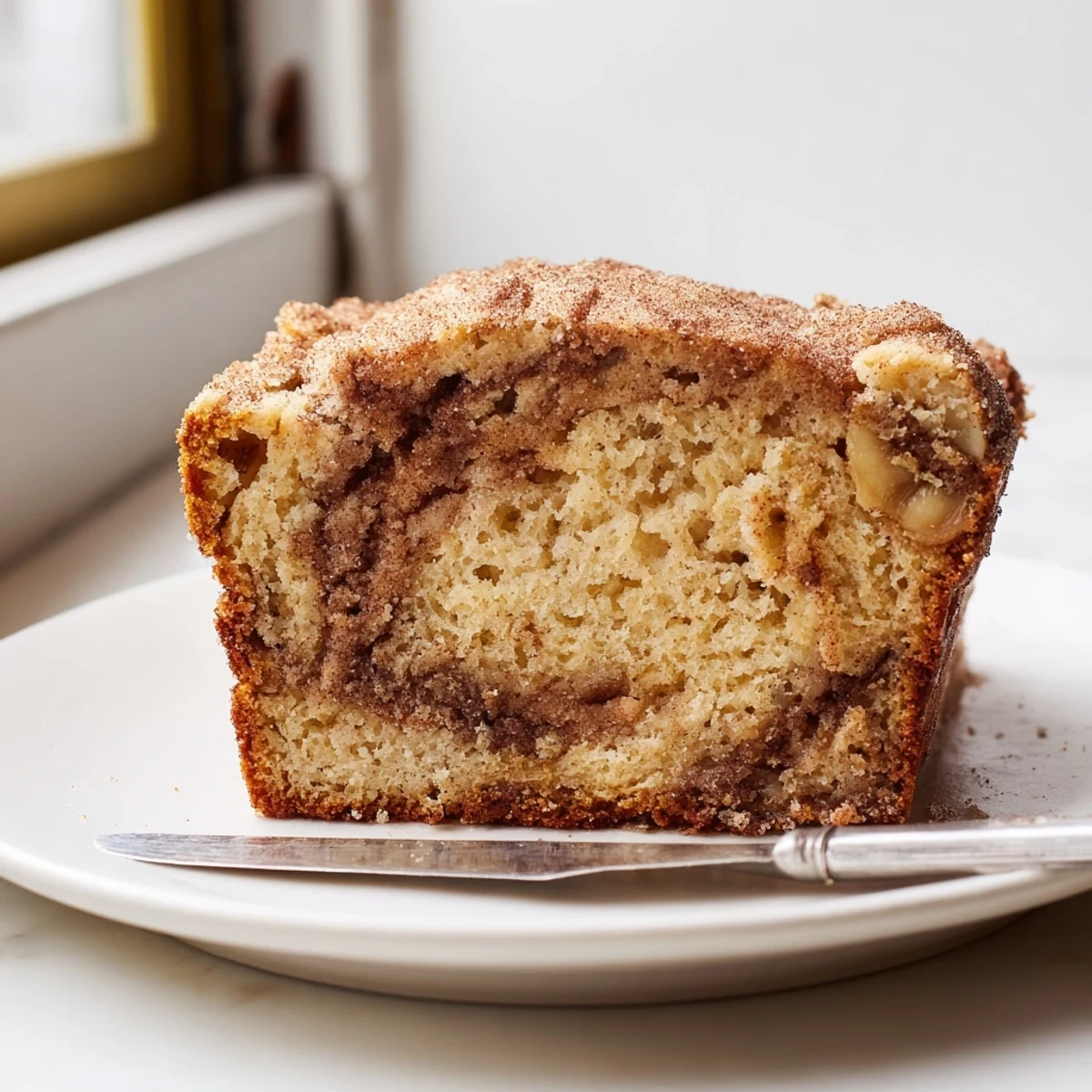 Thick slice of snickerdoodle banana bread topped with melting butter and cinnamon sugar