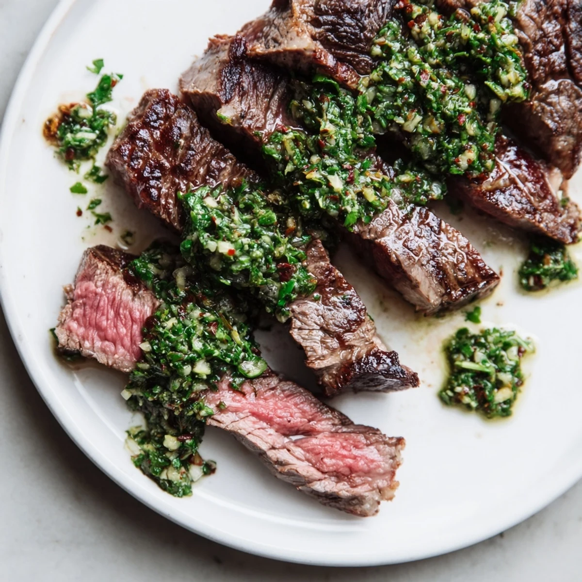 Chimichurri Steak Recipe: grilled ribeye sliced, bright herb sauce glistening