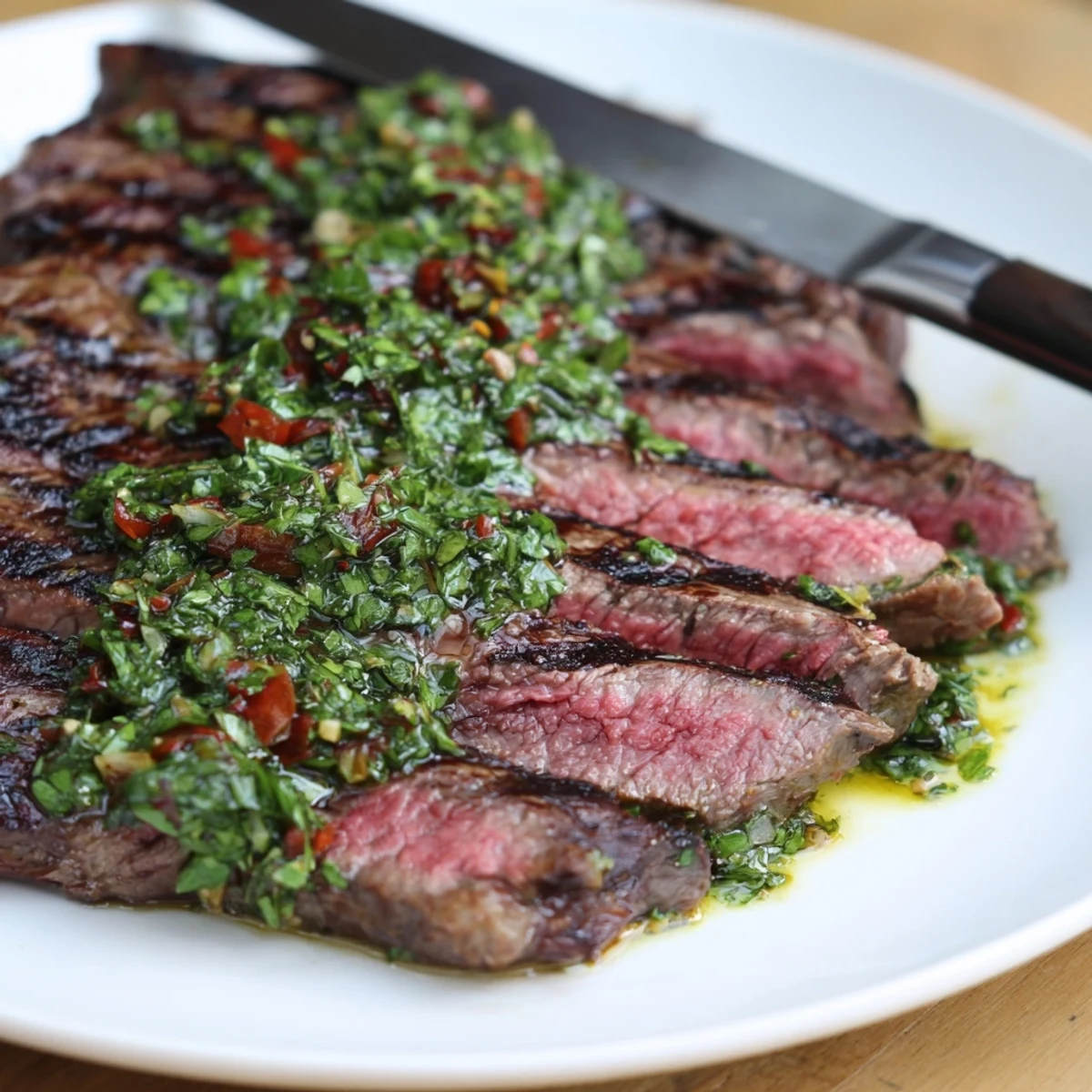 Weeknight Chimichurri Steak Recipe served with charred grill marks and lemon