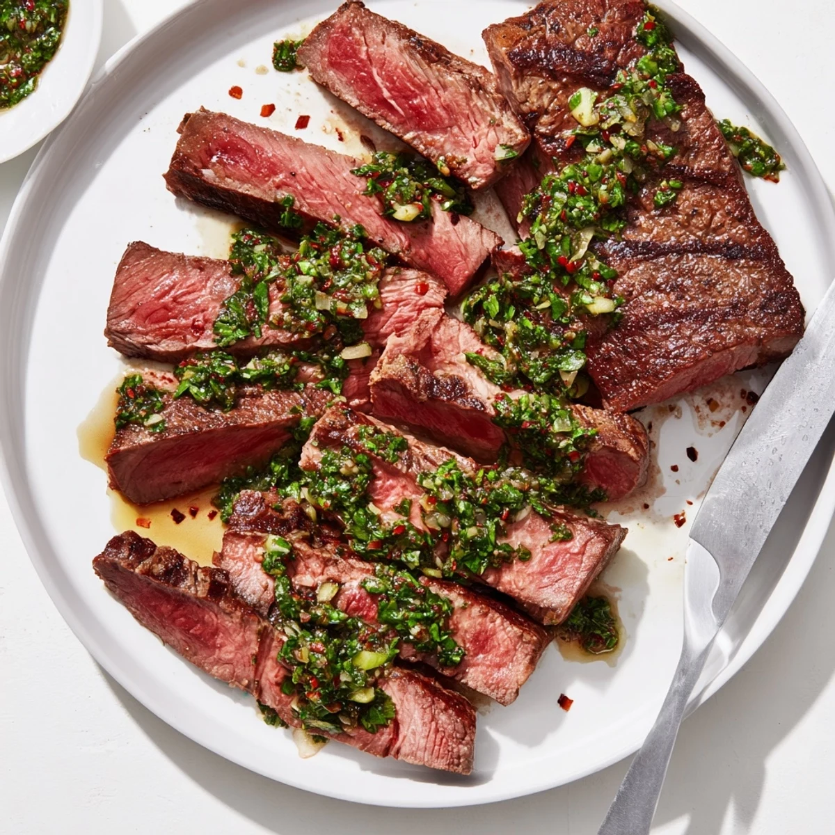Sliced Chimichurri Steak Recipe on platter, fragrant parsley garlic sauce drizzled