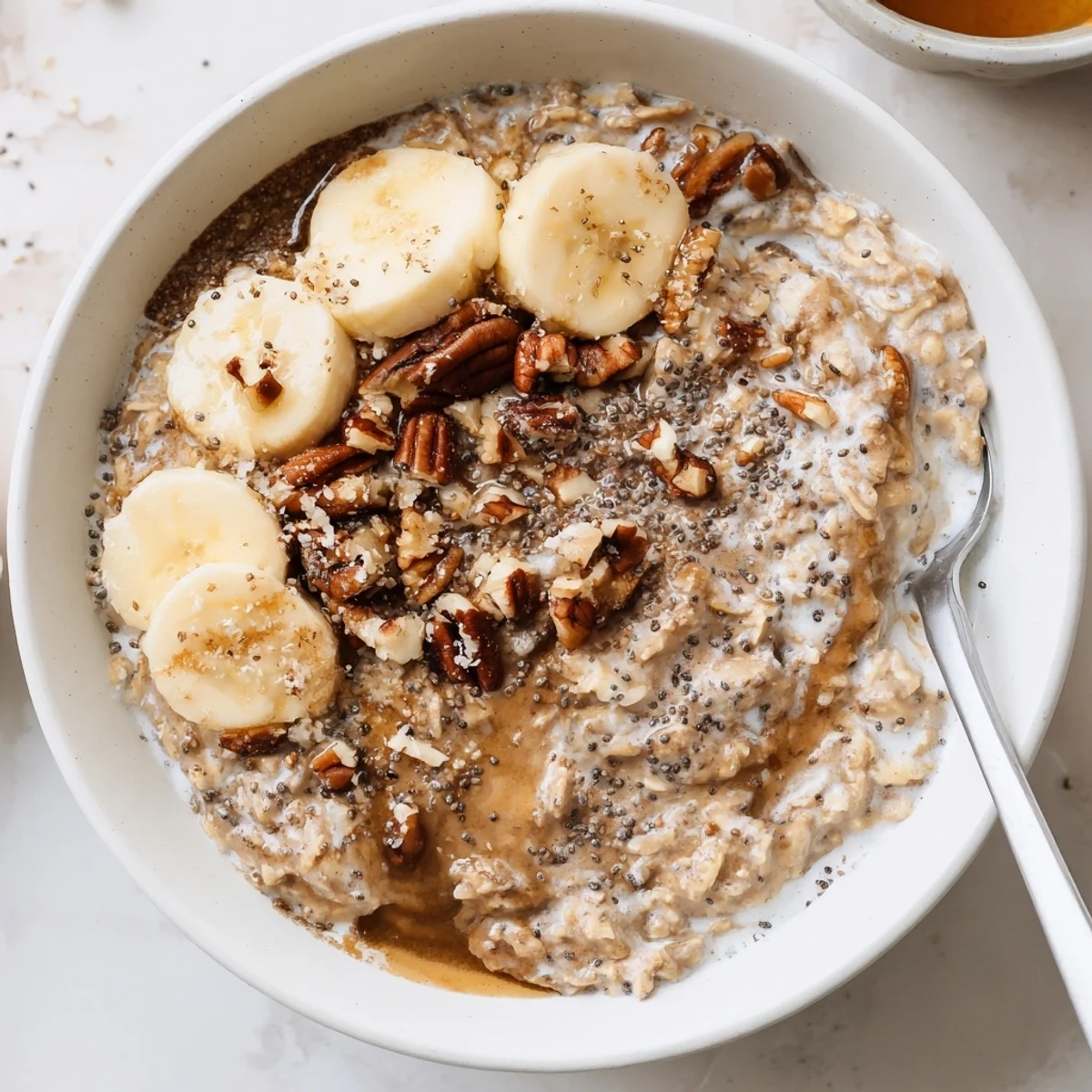 Brown Sugar Coffee Overnight Oats topped with sliced banana and toasted pecans