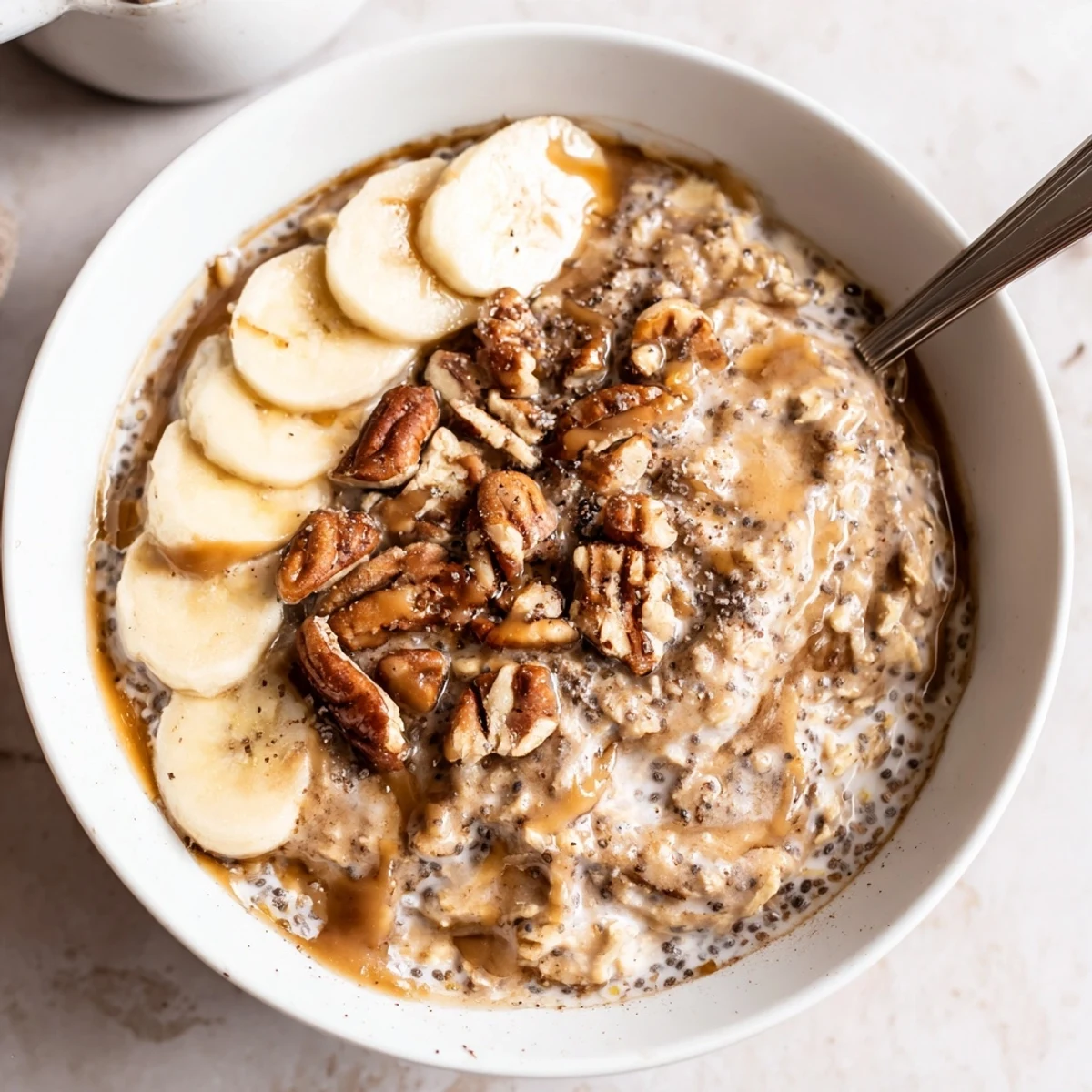 Velvety Brown Sugar Coffee Overnight Oats in mason jar, drizzled with maple syrup
