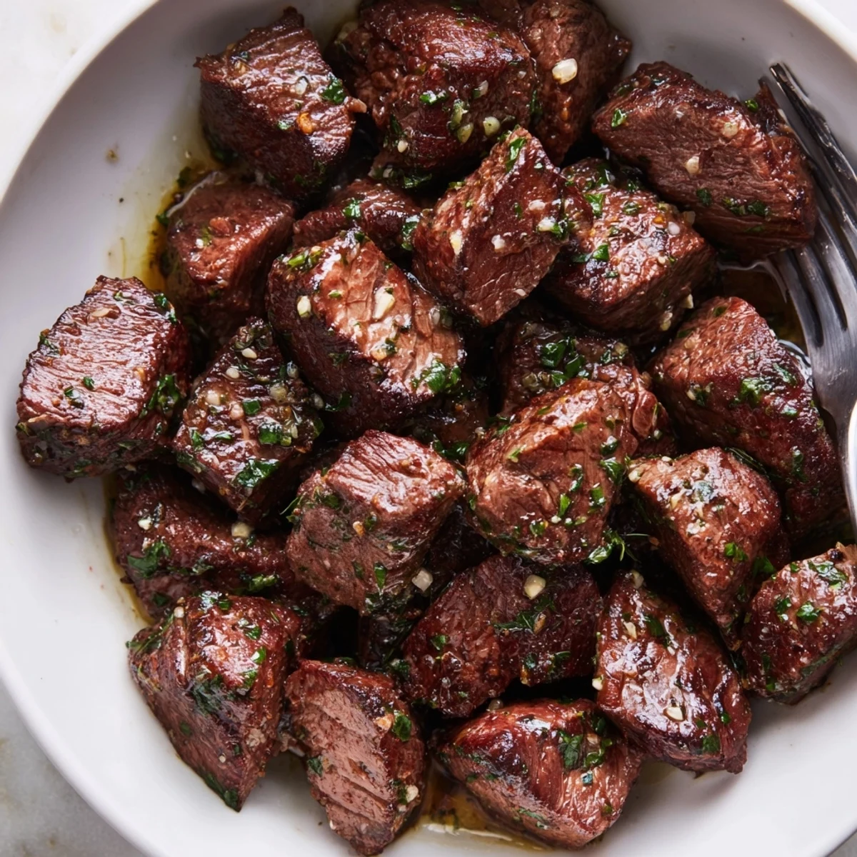 Sizzling skillet of Cowboy Butter Steak Bites, garlicky butter and fresh herbs.