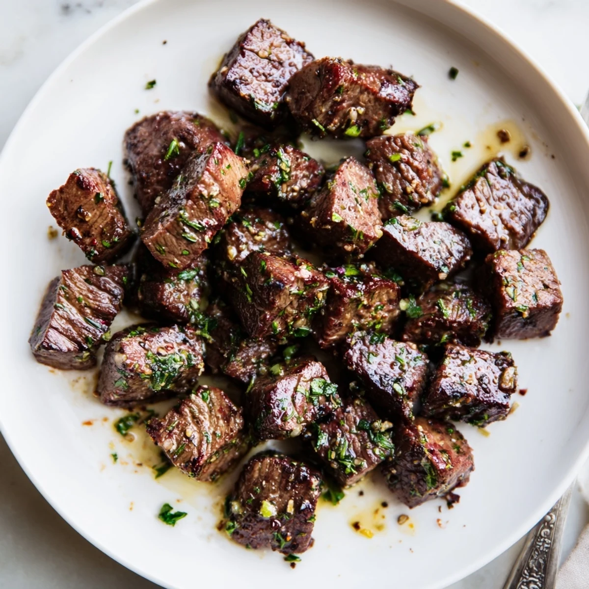 Cowboy Butter Steak Bites served over roasted potatoes, buttery garlic gloss.