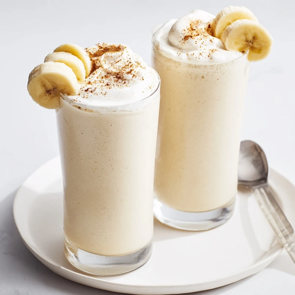 Creamy Vanilla Banana Shake in chilled glass, topped with cinnamon and banana