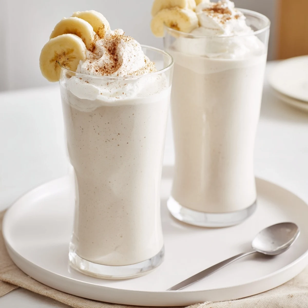 Silky, cold Vanilla Banana Shake garnished with whipped cream and sliced banana