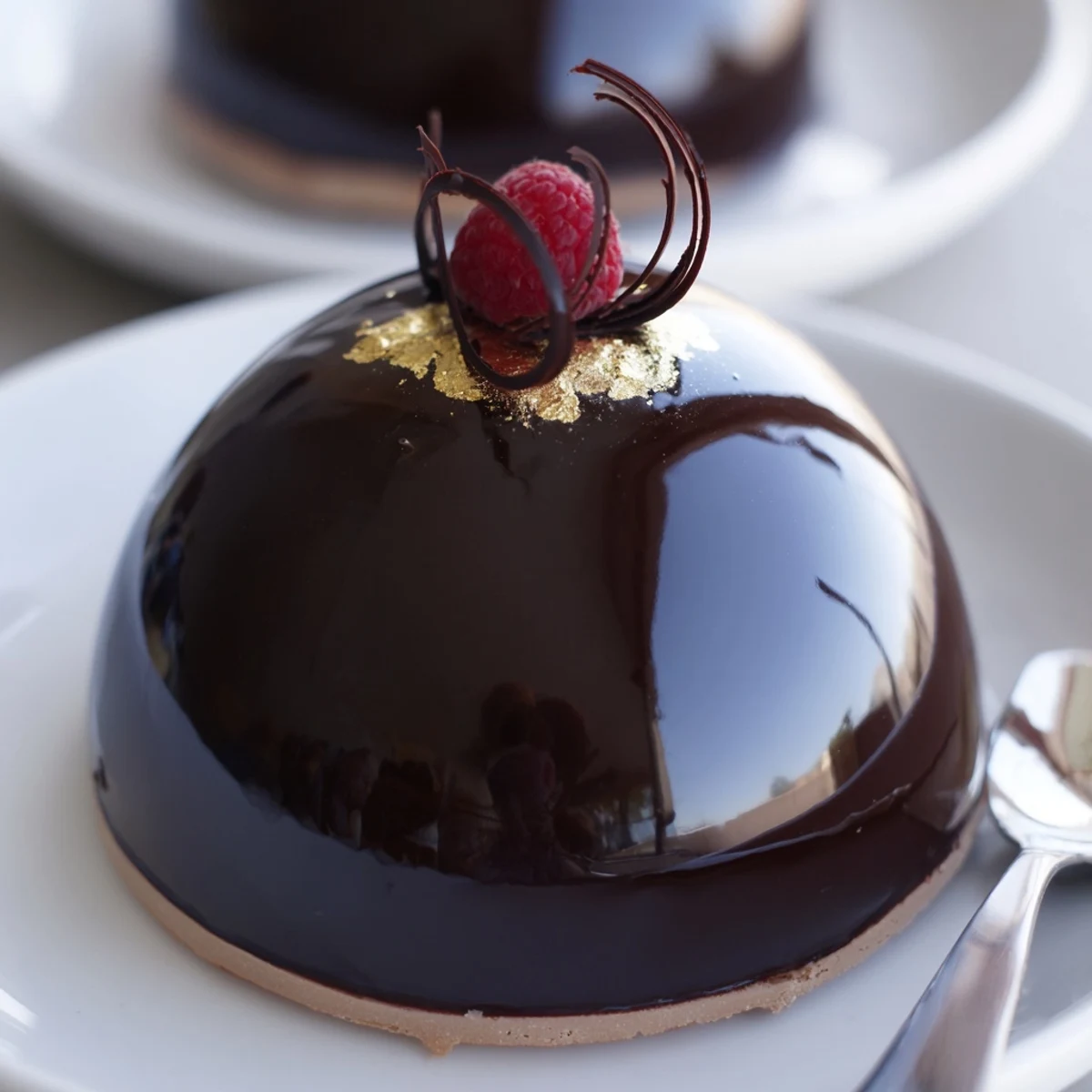 Elegant Chocolate Mascarpone Dome Dessert With Glossy Shells glistening, bite revealing silky mousse