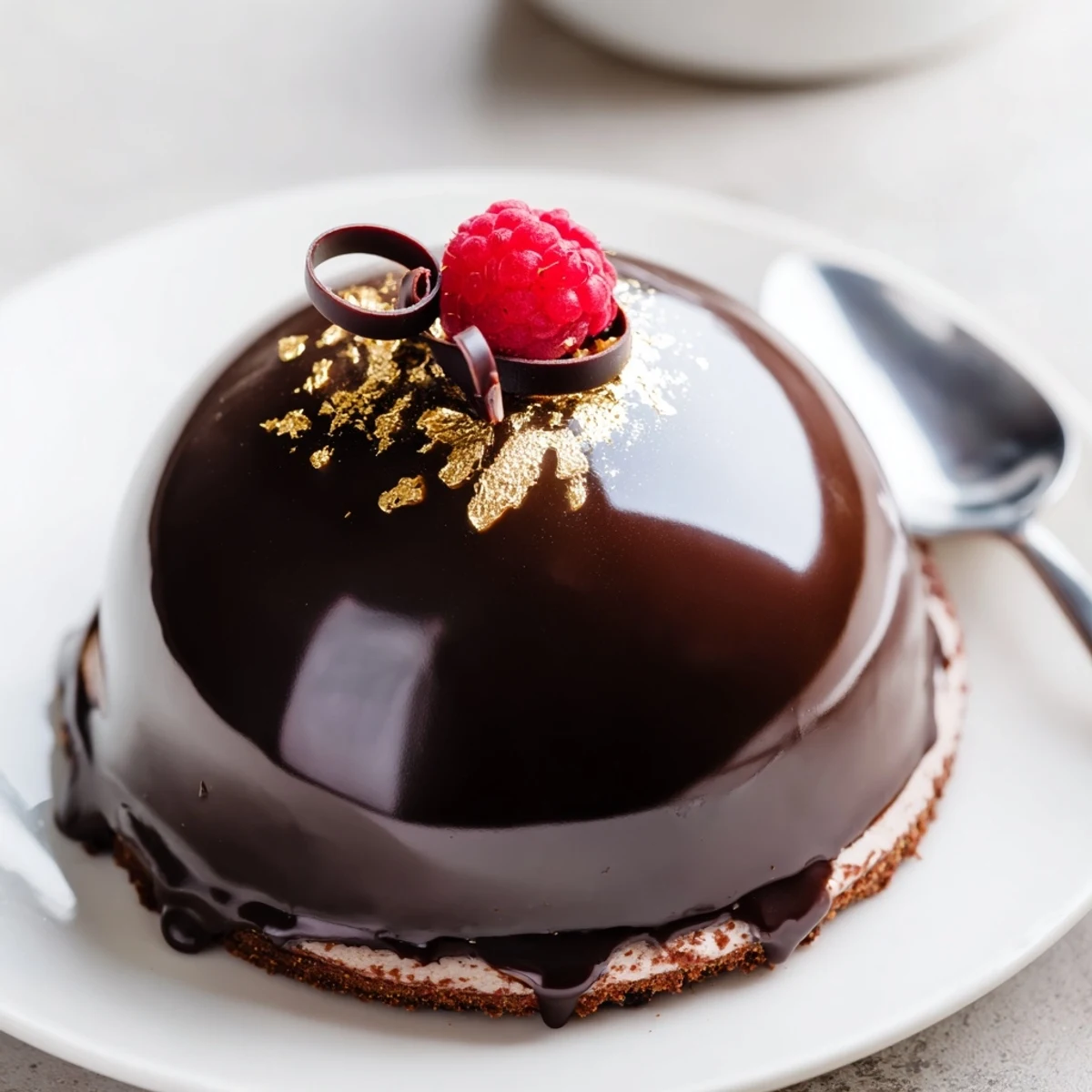 Elegant Chocolate Mascarpone Dome Dessert With Glossy Shells plated with gold leaf, fresh berries