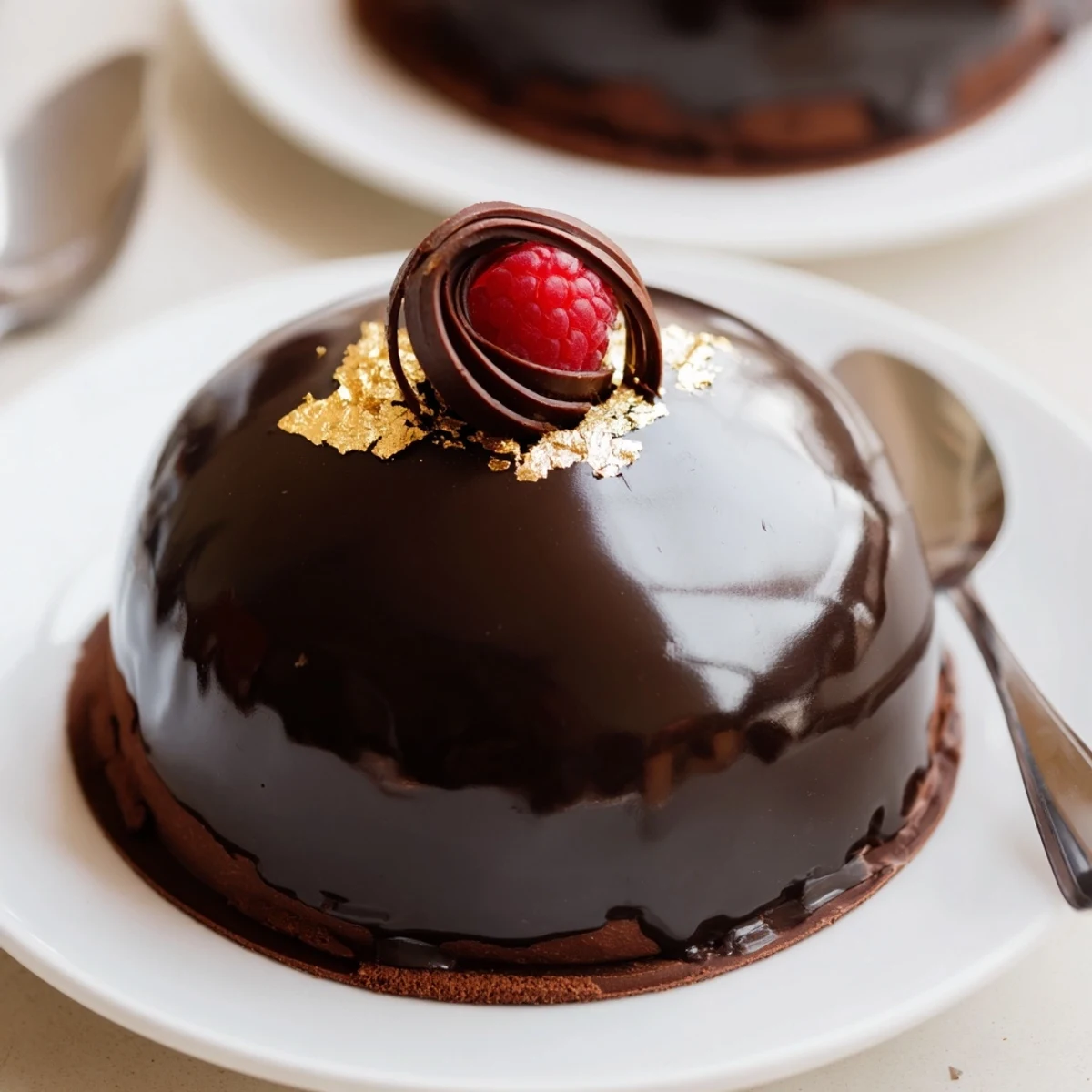 Elegant Chocolate Mascarpone Dome Dessert With Glossy Shells chilled, mirror glaze reflecting soft lights