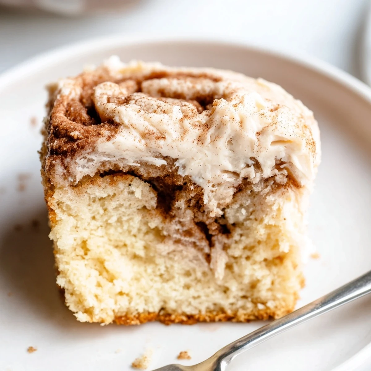 Moist Cinnamon Roll Poke Cake topped with tangy frosting, sprinkle of toasted pecans