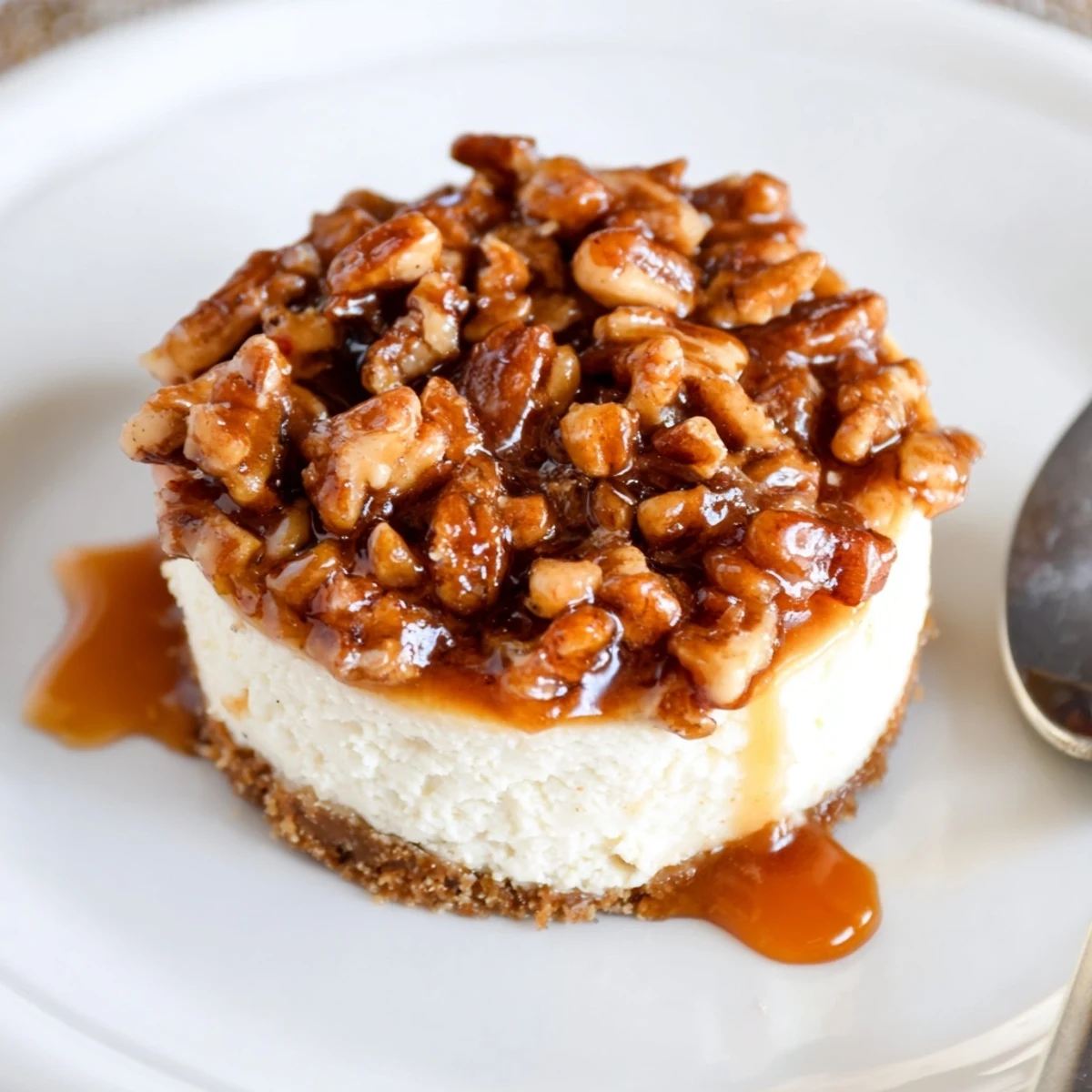 Mini Pecan Pie Cheesecakes with glossy pecan topping and buttery graham crust  