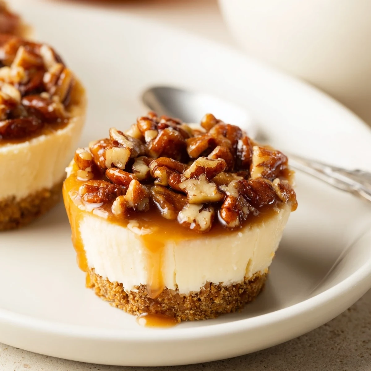 Warm caramel drizzle over chilled Mini Pecan Pie Cheesecakes garnished with toasted pecans  