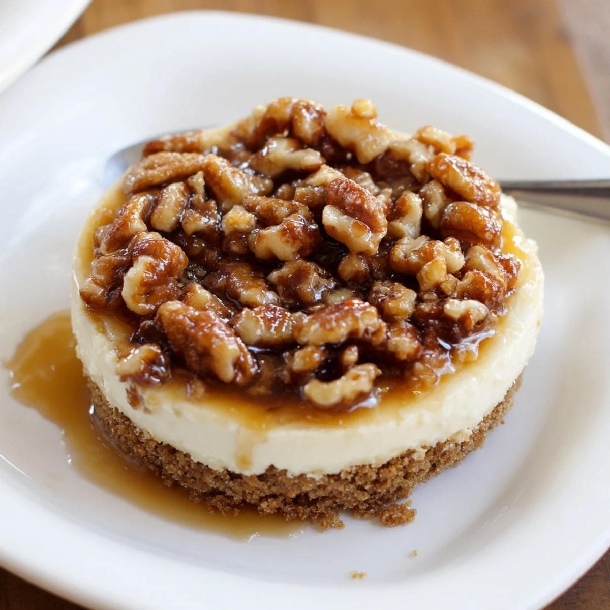 A dozen Mini Pecan Pie Cheesecakes in paper liners, creamy centers visible