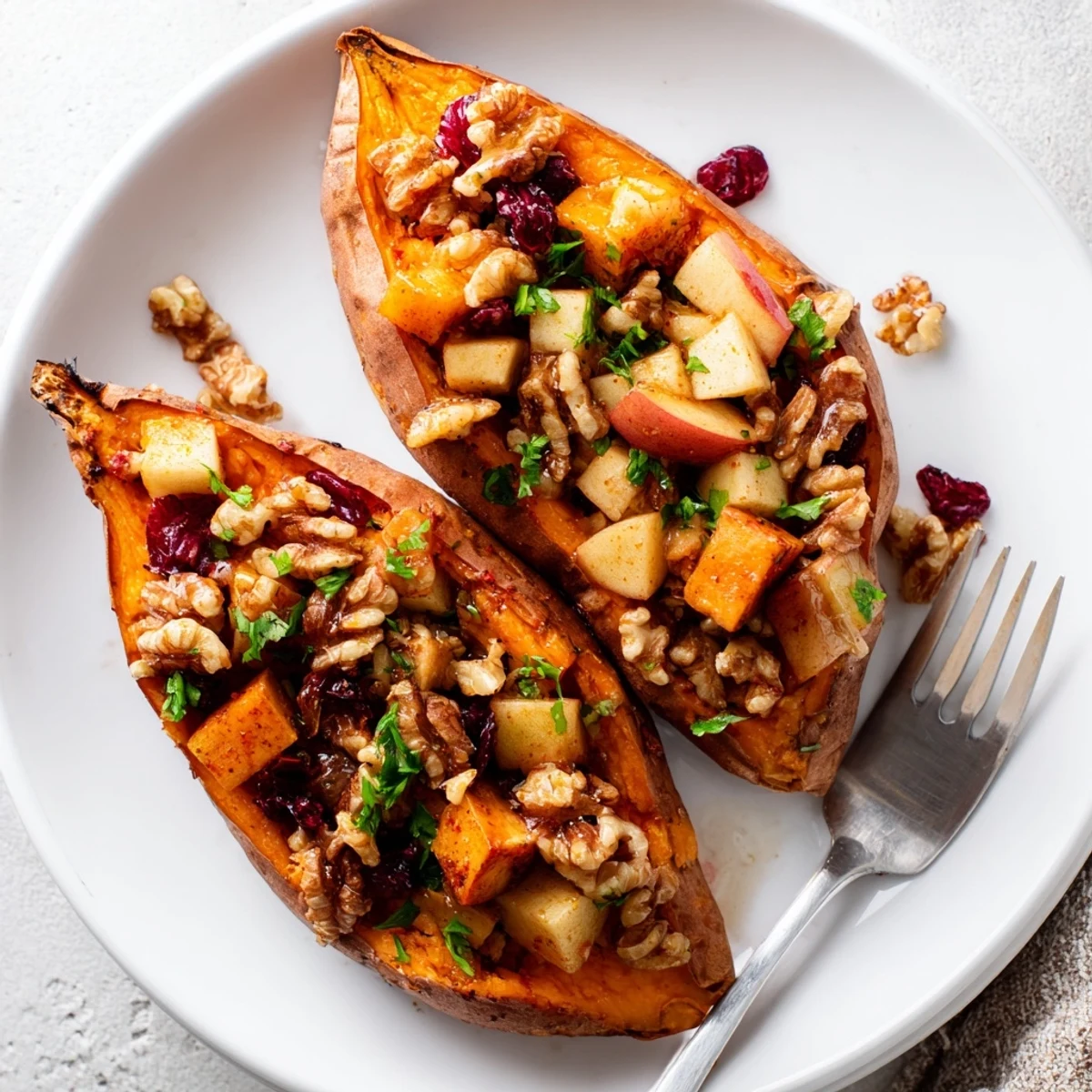 Warm Stuffed Sweet Potatoes With Apples topped with crunchy walnuts and maple