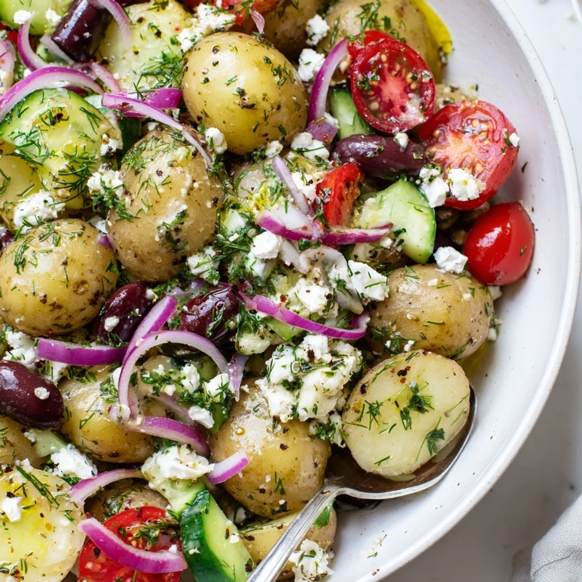 Olive Greek Potato Salad with creamy potatoes, briny Kalamata olives, tangy lemon dressing