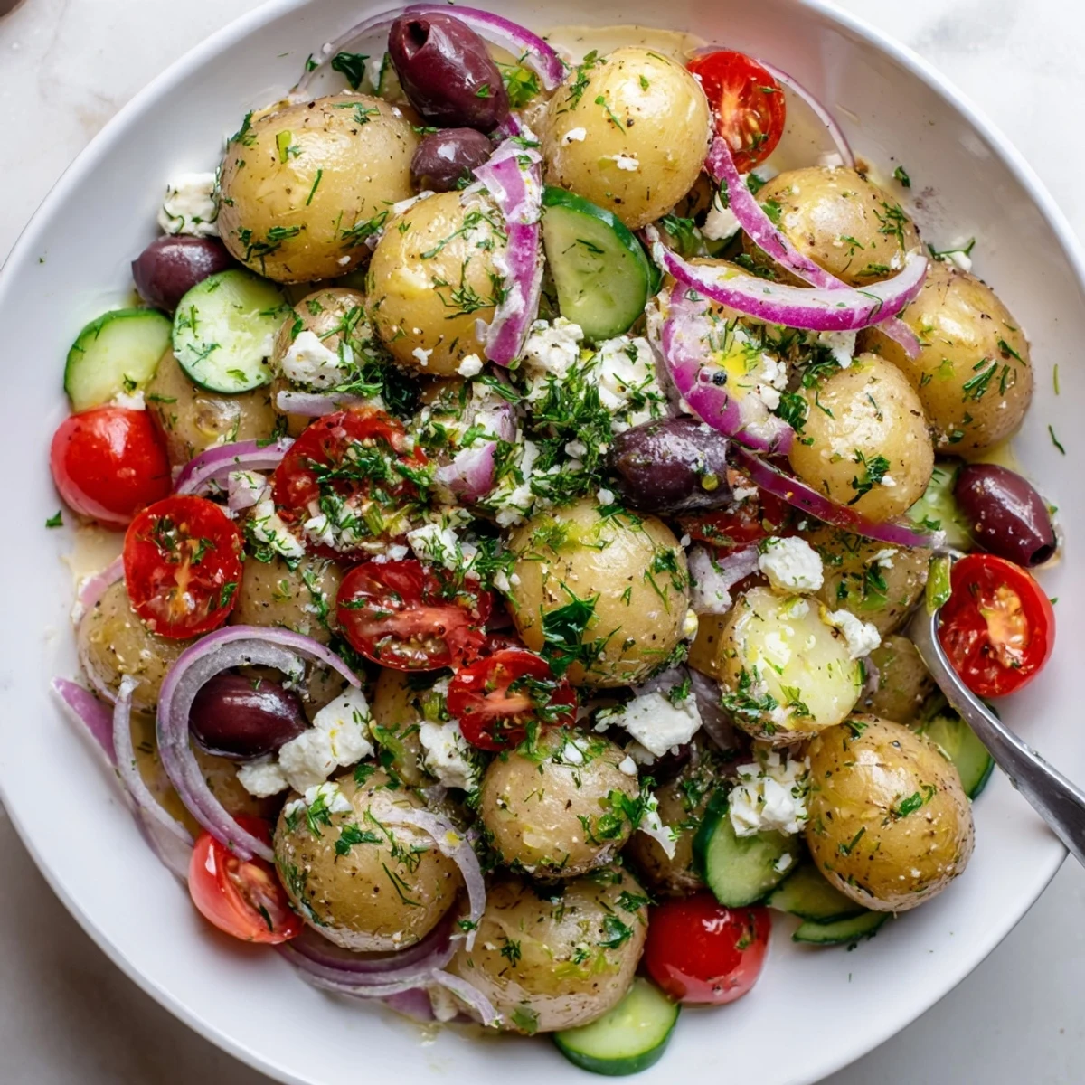Bowl of Olive Greek Potato Salad, cherry tomatoes and crumbled feta, chilled