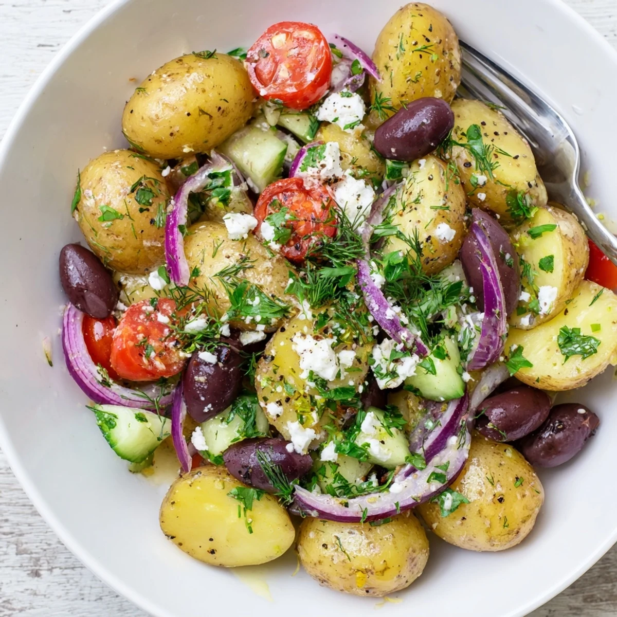 Hearty Olive Greek Potato Salad tossed with fresh dill, parsley, served at picnics