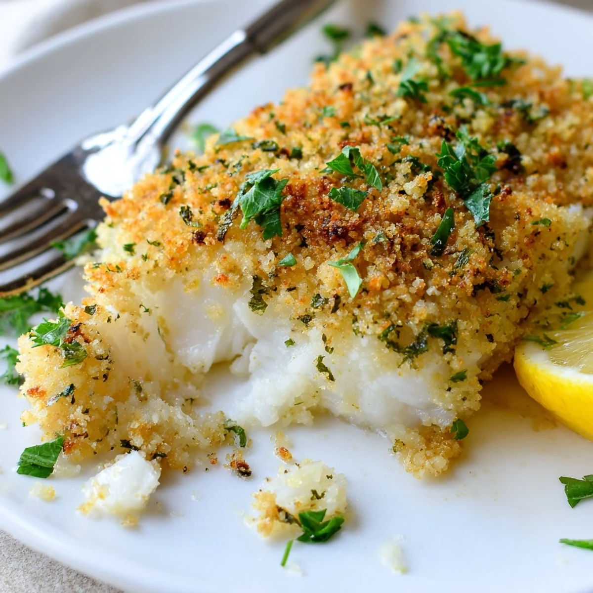 Boston Baked Cod with golden breadcrumb topping, lemon wedges and flaky fillets.