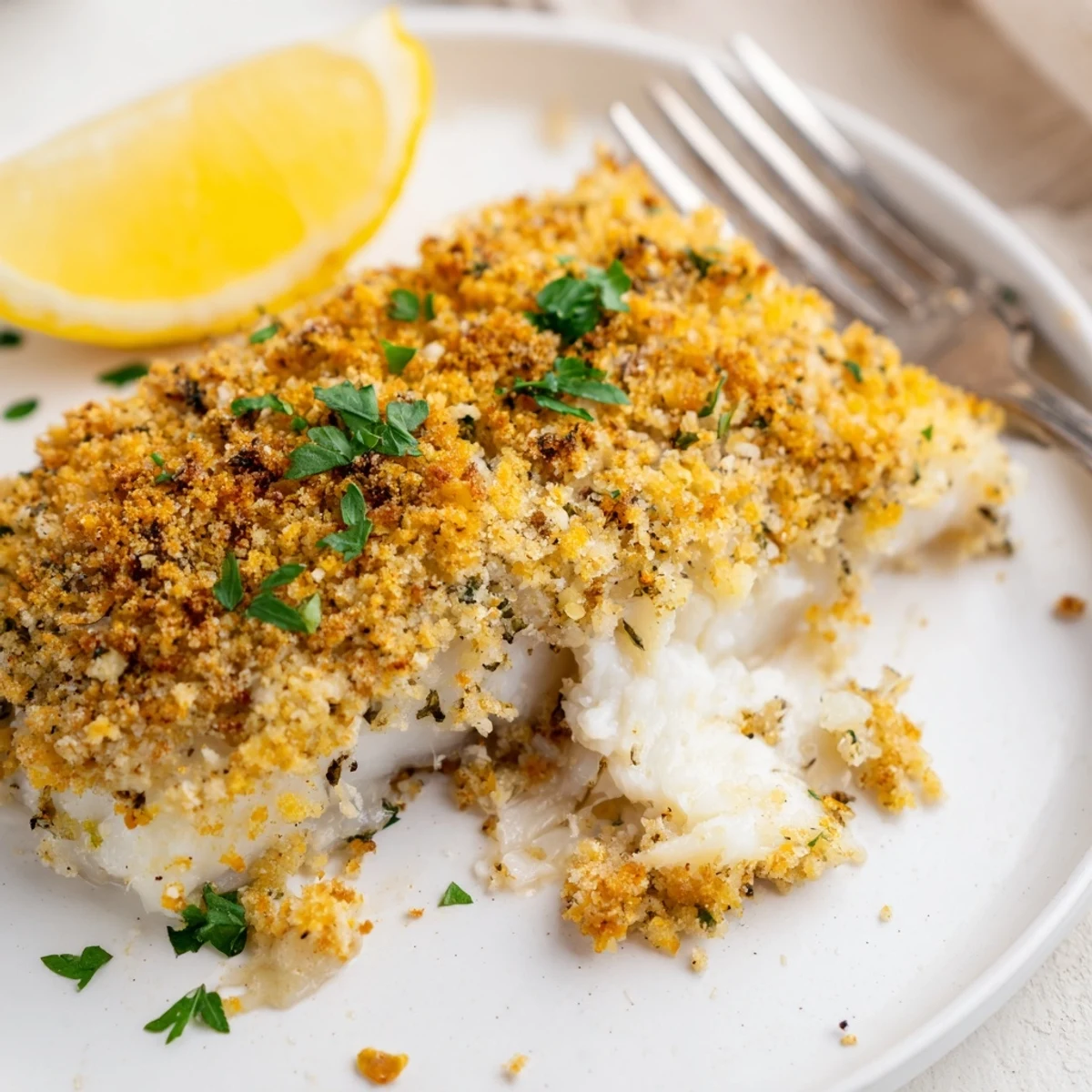 Oven roasted Boston Baked Cod served with bright lemon juice and steamed beans.