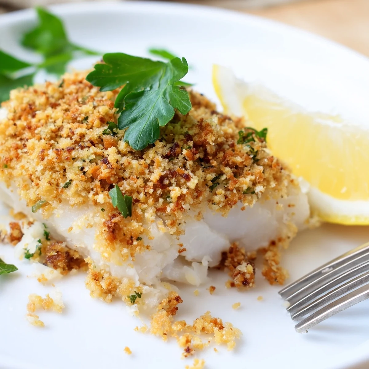 Warm Boston Baked Cod fresh from the oven, buttery crumbs and parsley.