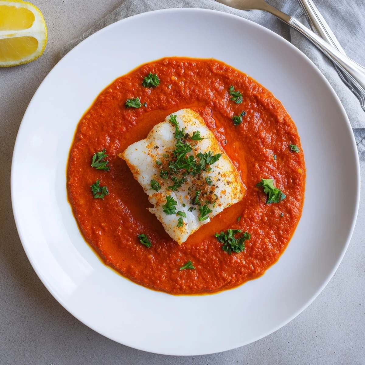 Cod In Roasted Red Pepper Sauce with tender flaky fillets, lemon wedge