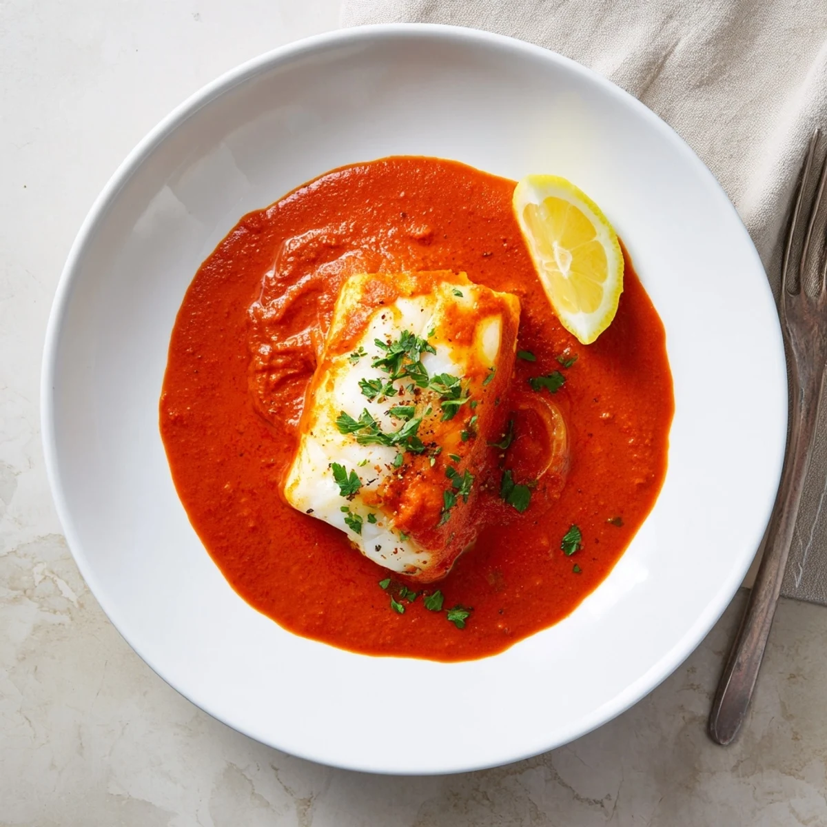 Skillet Cod In Roasted Red Pepper Sauce, smoky paprika aroma, crusty bread