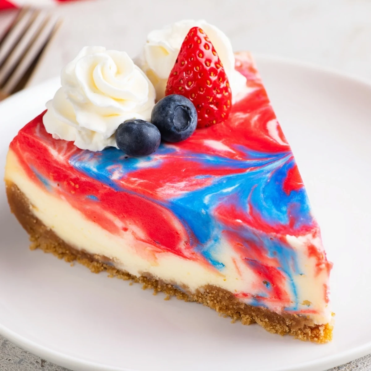 Patriotic Swirl Cheesecake with glossy red and blue marbling, chilled and sliced